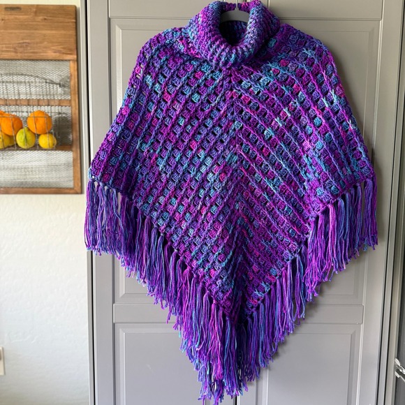 Sweaters - Vintage Women's Variegated Diamond Stitch Crochet Fringe Cowl Poncho, Purple,OS